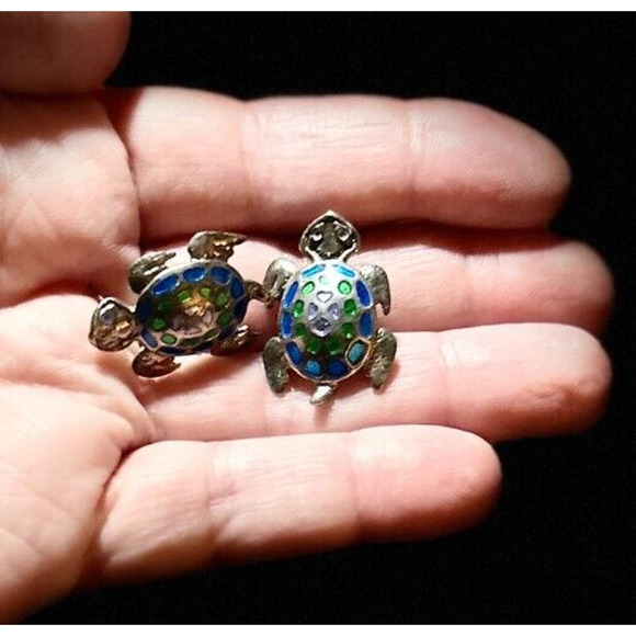 Vintage Sterling Silver 925 Enamel Turtle Stud Earrings - Picture 3 of 16